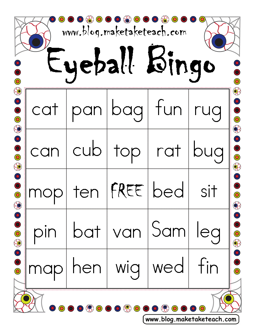 Teach &  Eyeball halloween Make Take cvc Bingo worksheets