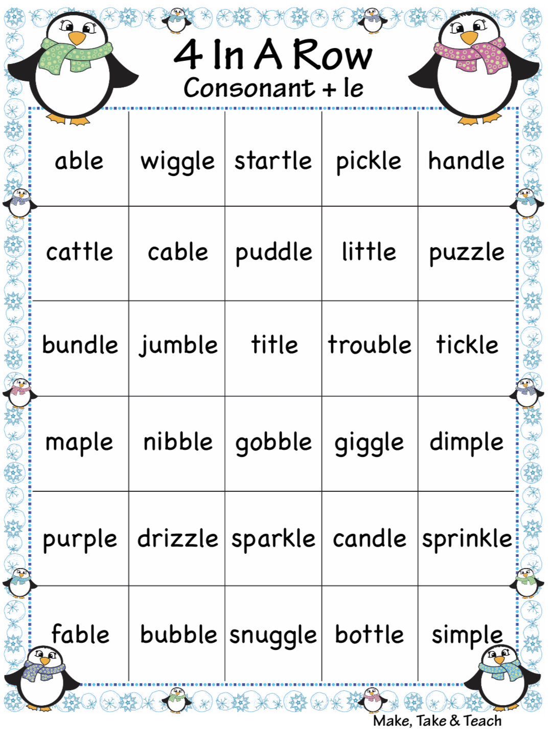 Winter FREEBIE for Teaching Consonant + le - Make Take & Teach
