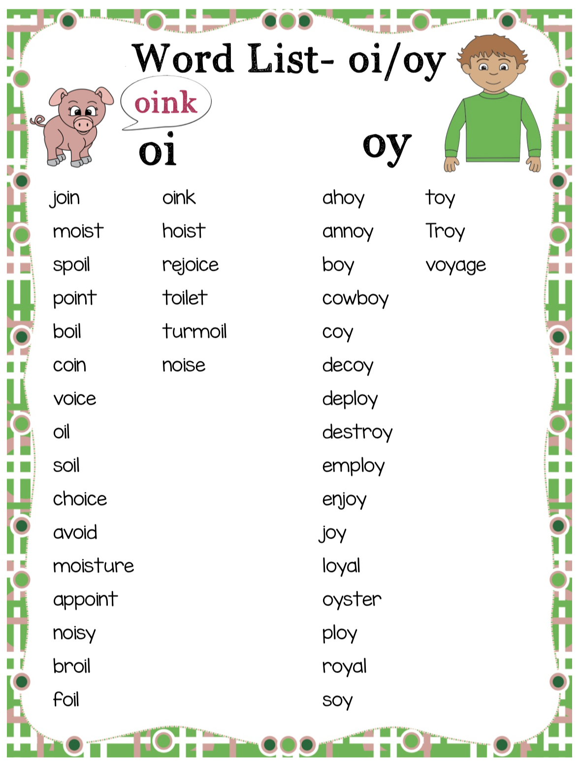 Oi Words List For Kids