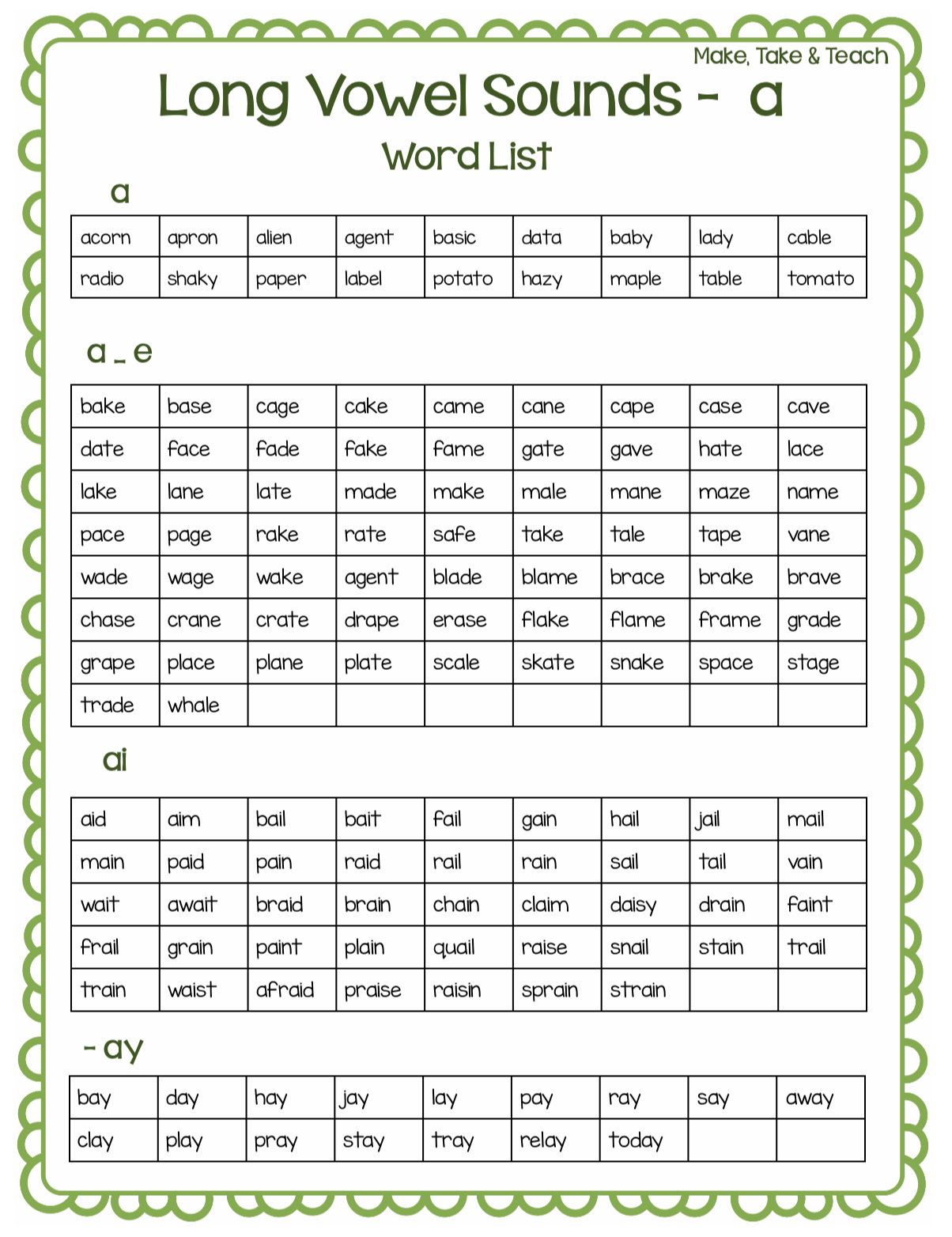 Free Long Vowel Spelling Word Lists Make Take Teach