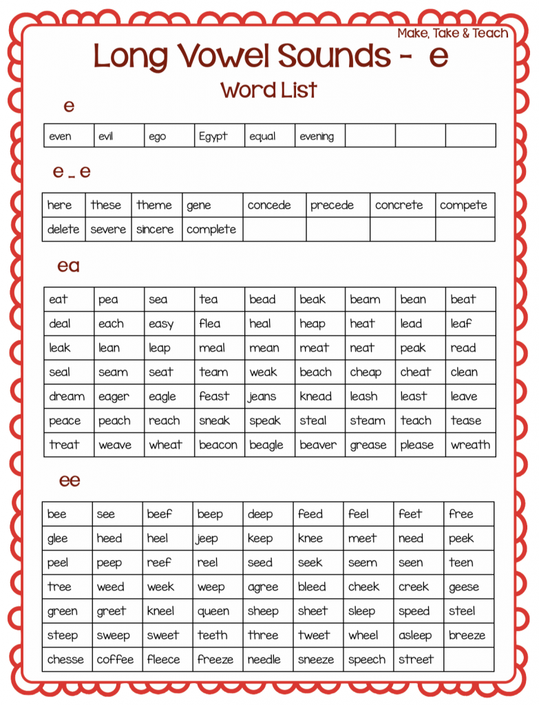 Long Vowel Spelling Word lists long e