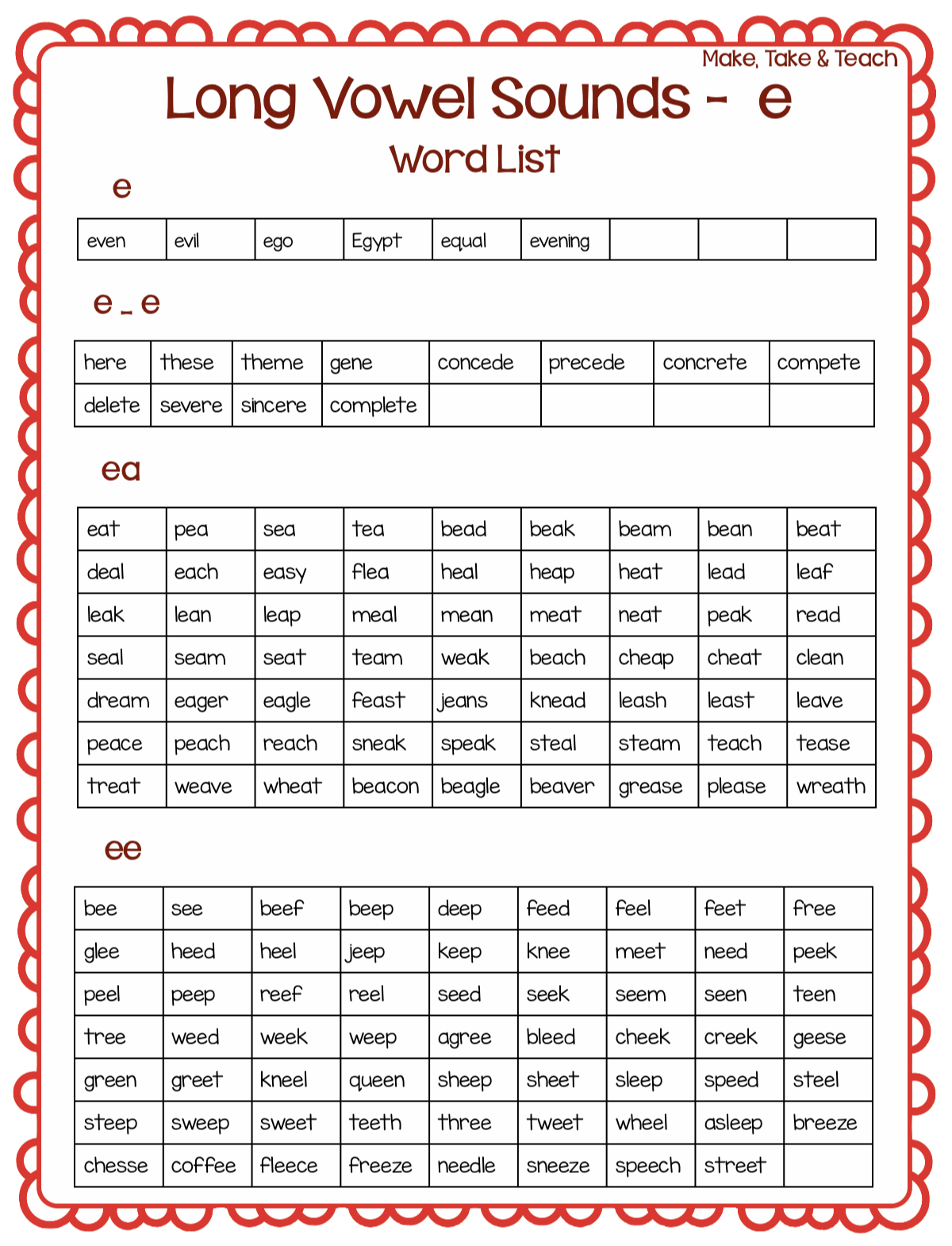 FREE Long Vowel Spelling Word Lists Make Take Teach