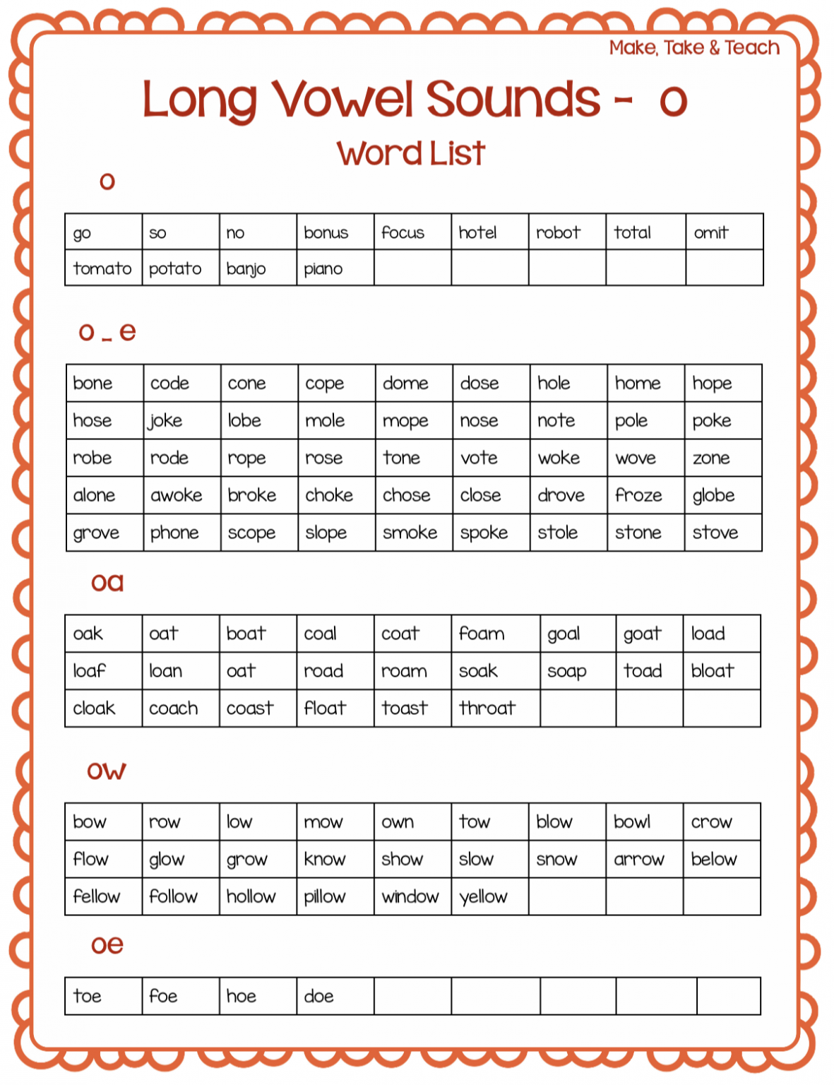 FREE Long Vowel Spelling Word Lists Make Take Teach