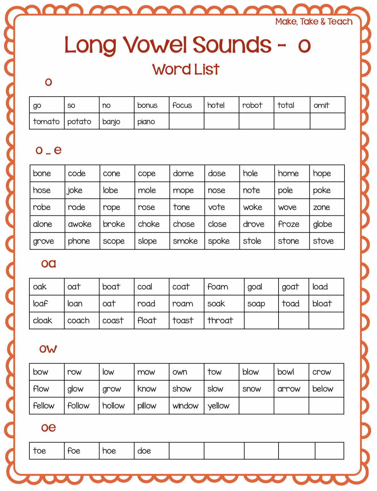 FREE Long Vowel Spelling Word Lists Make Take Teach