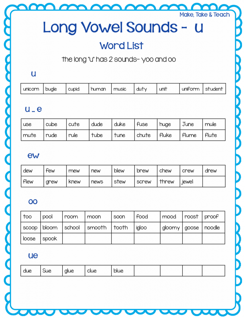 Long Vowel Spelling Word lists long U