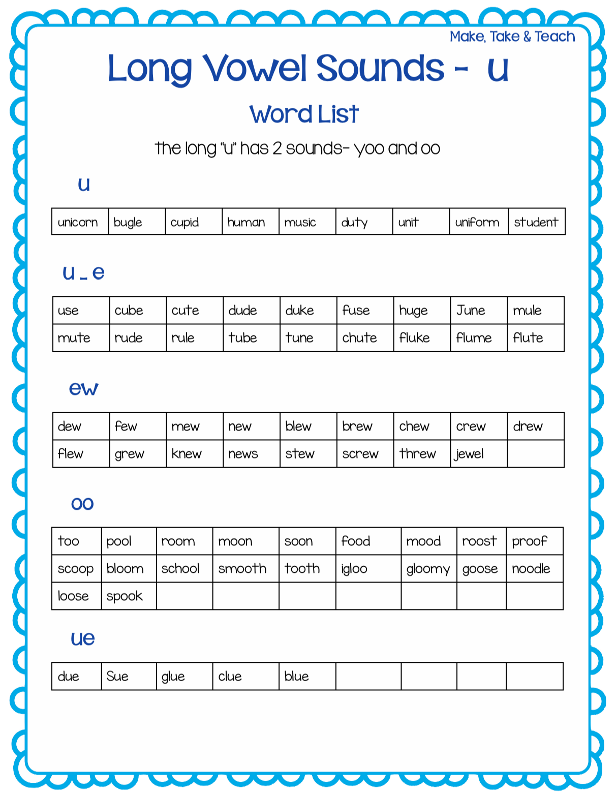FREE Long Vowel Spelling Word Lists - Make Take & Teach