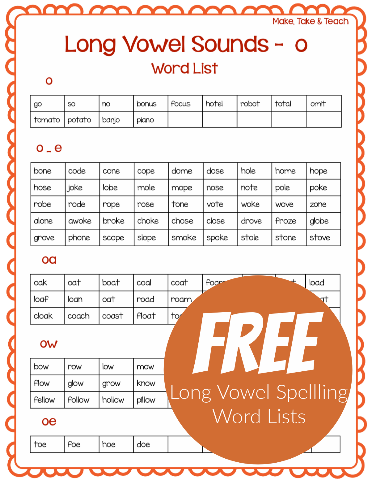 FREE Long Vowel Spelling Word Lists - Make Take & Teach